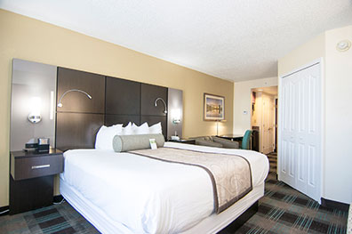 spacious suite features one king-sized bed and a full sized sleeper sofa